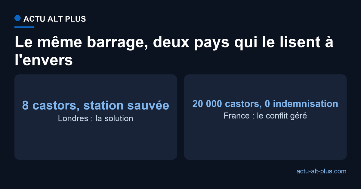 Deux lectures du castor : à Londres une solution anti-inondation avec 8 castors et un réservoir annulé, en France 20 000 castors et des barrages gérés comme des conflits sans indemnisation