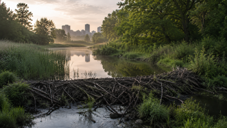 Un barrage de castor en branchages retient l'eau d'un ruisseau dans un parc urbain