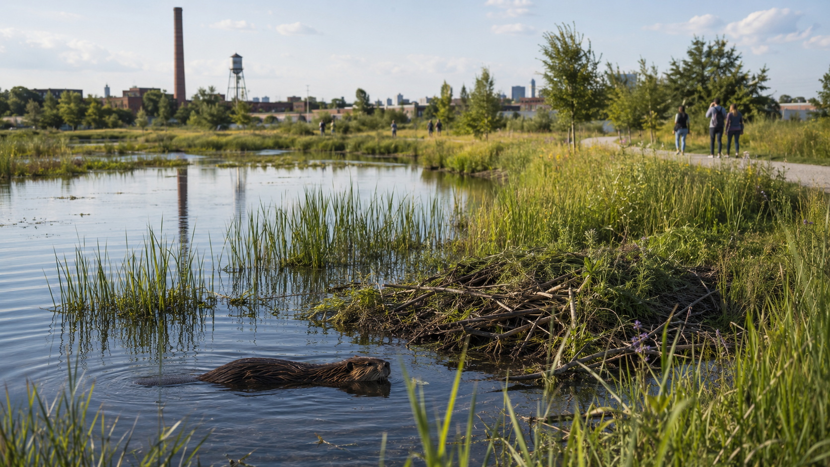 Une zone humide urbaine restaurée avec mares et roseaux, quelques promeneurs au loin