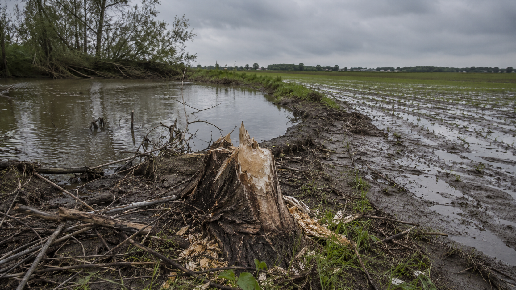 Une souche rongée par un castor au bord d'une rivière, une parcelle agricole inondée à l'arrière