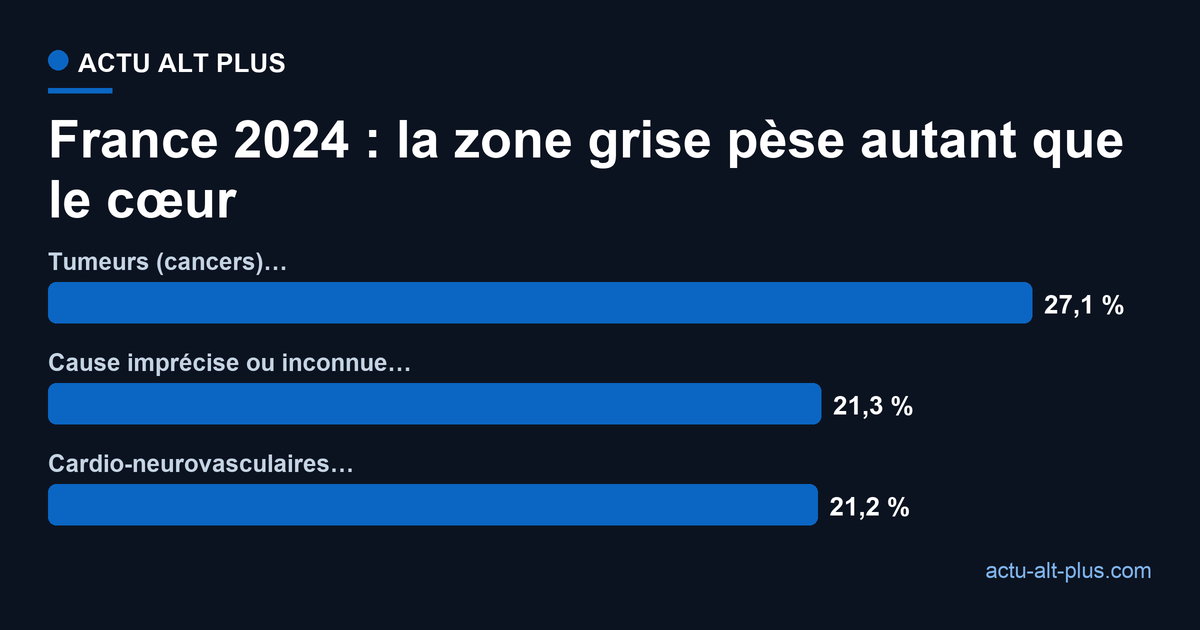 Causes de décès en France 2024 : tumeurs 27,1 %, cause imprécise ou inconnue 21,3 %, maladies cardio-neurovasculaires 21,2 %