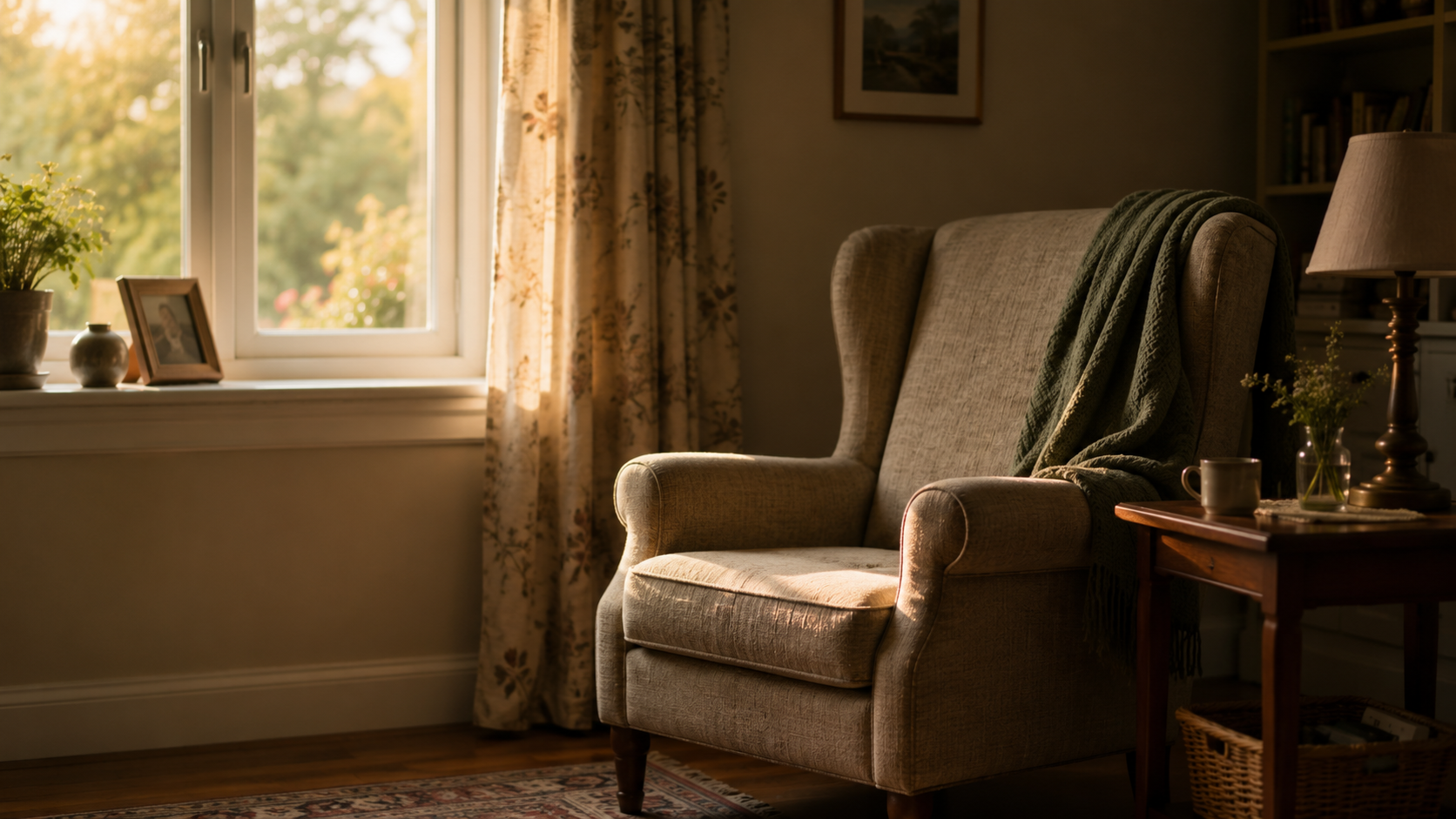 Un fauteuil vide près d'une fenêtre dans un intérieur paisible, lumière d'après-midi