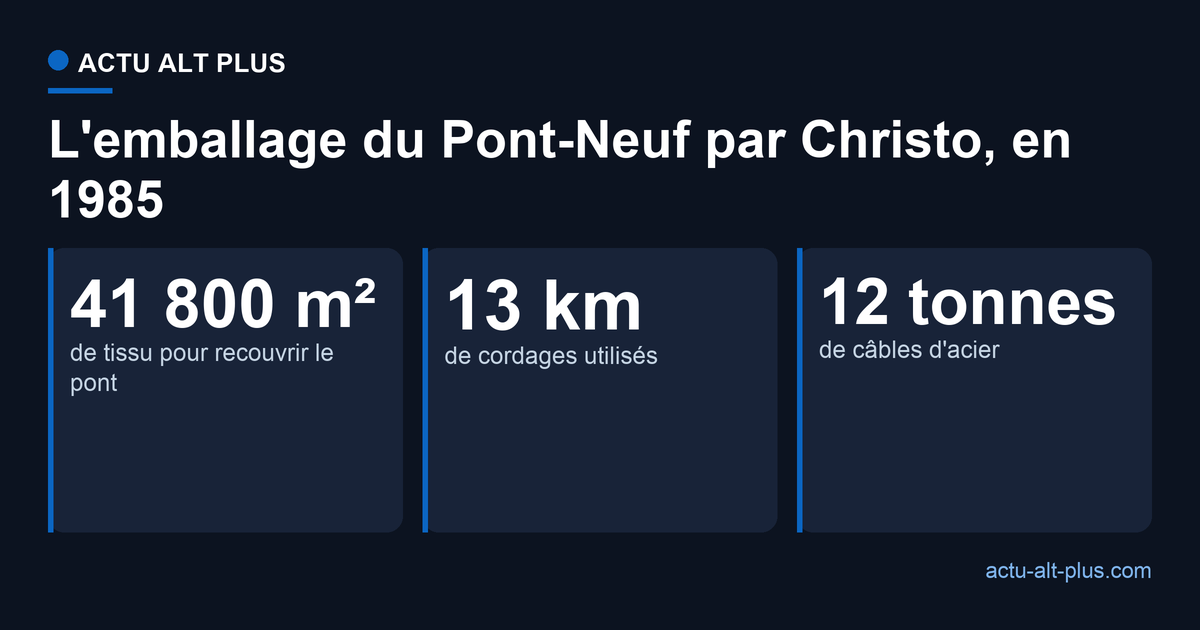 Le chantier de l'emballage du Pont-Neuf par Christo et Jeanne-Claude en 1985 : 41 800 m² de tissu, 13 km de cordages, 12 tonnes de câbles d'acier