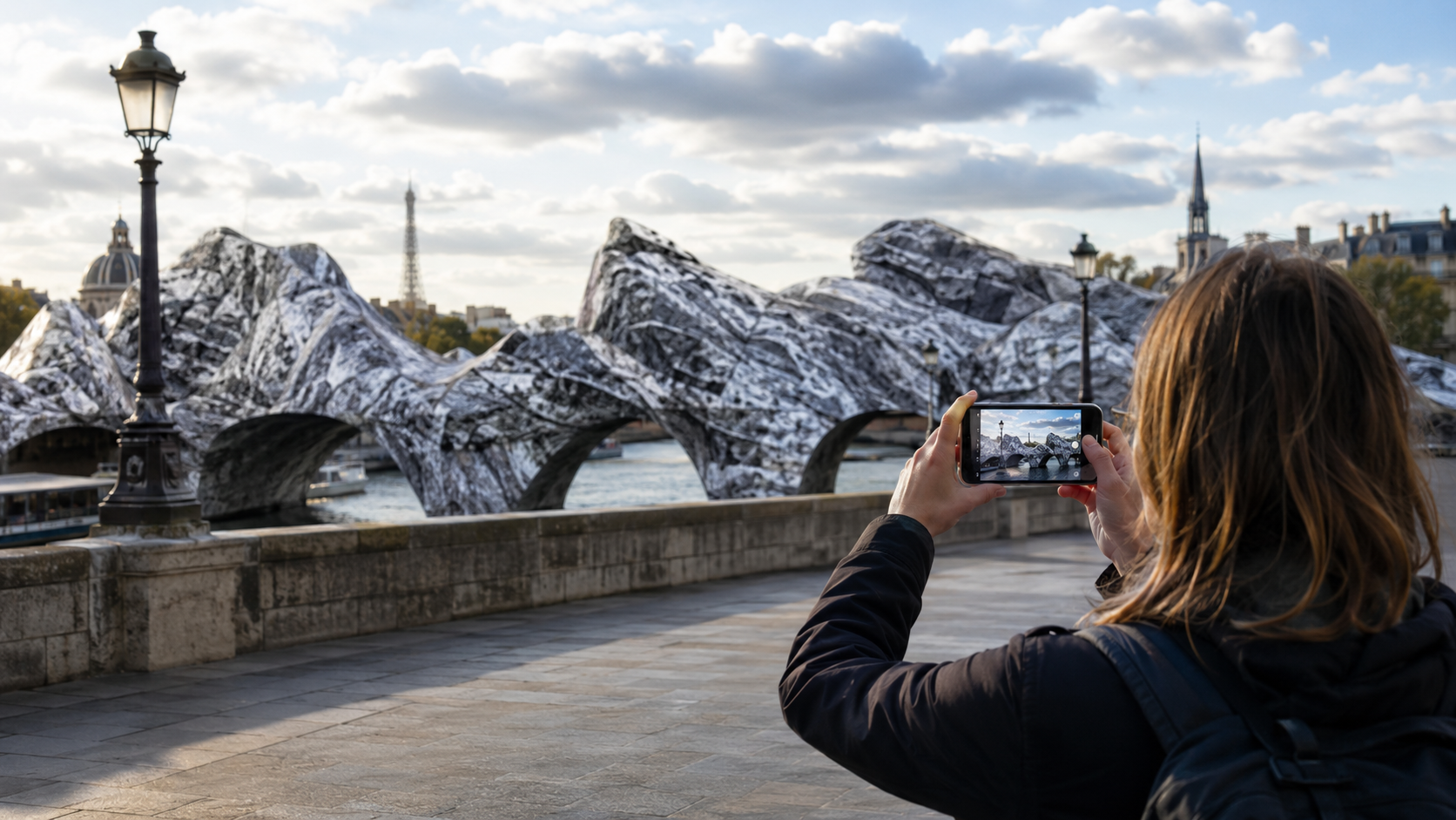 Une personne de dos pointe son smartphone vers l'installation de JR sur le pont, évoquant la réalité augmentée
