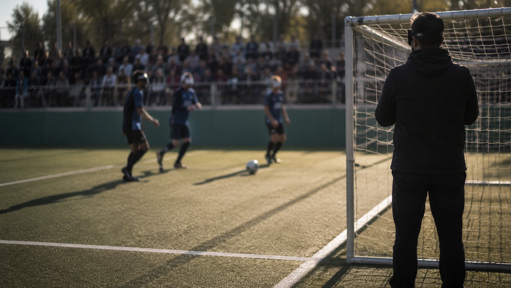 Bord de terrain de cécifoot avec joueurs masqués et public flou
