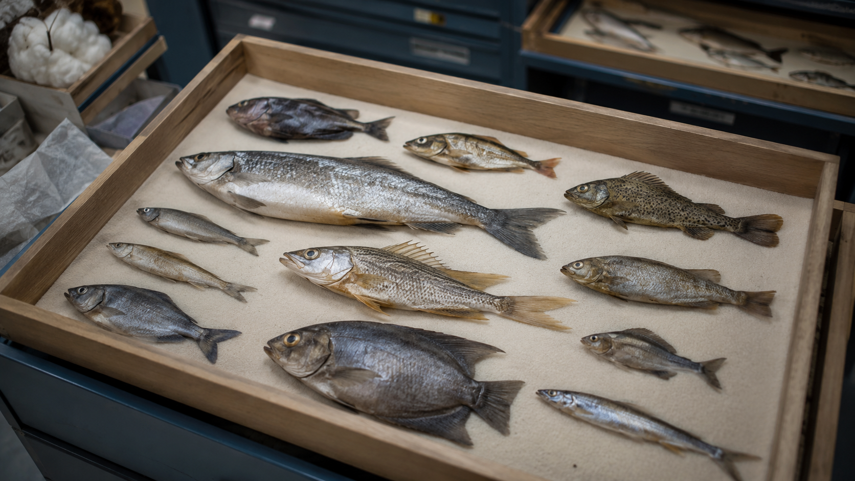 Plateau de collection de muséum avec plusieurs spécimens de poissons à nageoires rayonnées