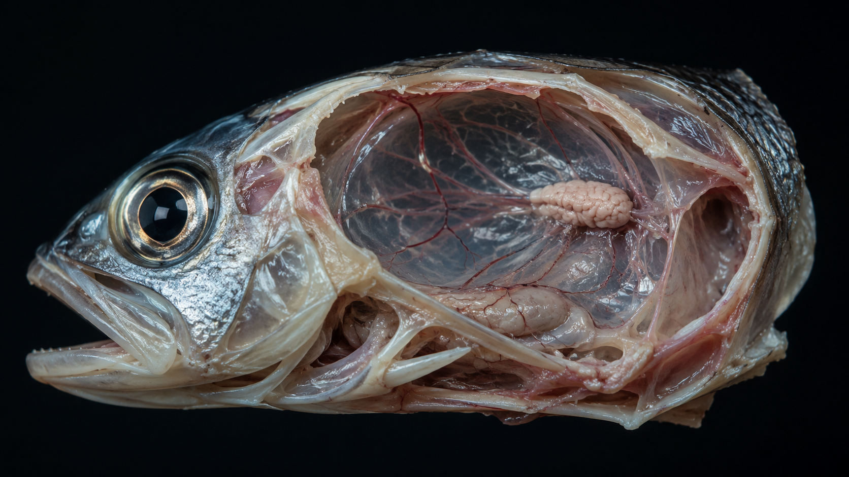 Coupe d'un crâne de poisson montrant un petit cerveau entouré d'un large espace
