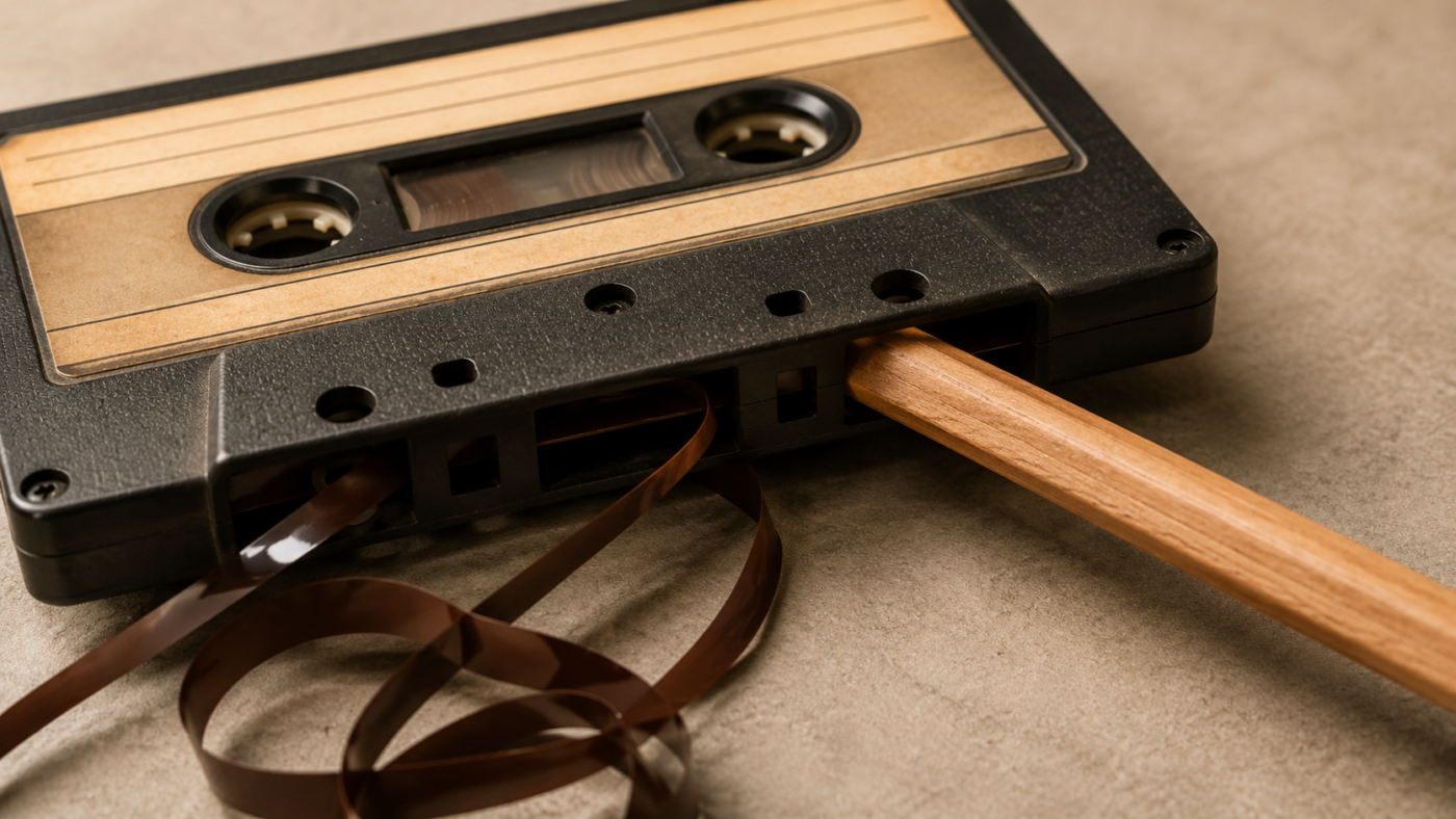 Main tenant un crayon inséré dans les trous d'une cassette audio pour rembobiner la bande magnétique