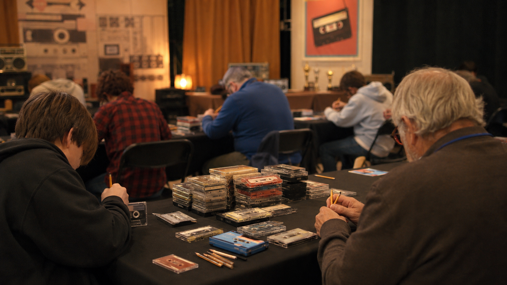 Participants de différents âges devant des cassettes et des crayons lors du championnat de rembobinage