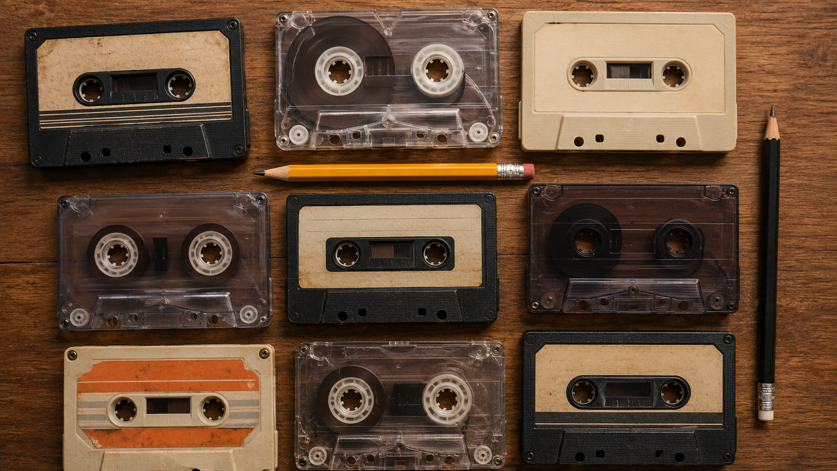 Plusieurs cassettes audio vintage des années 80-90 posées à plat avec des crayons