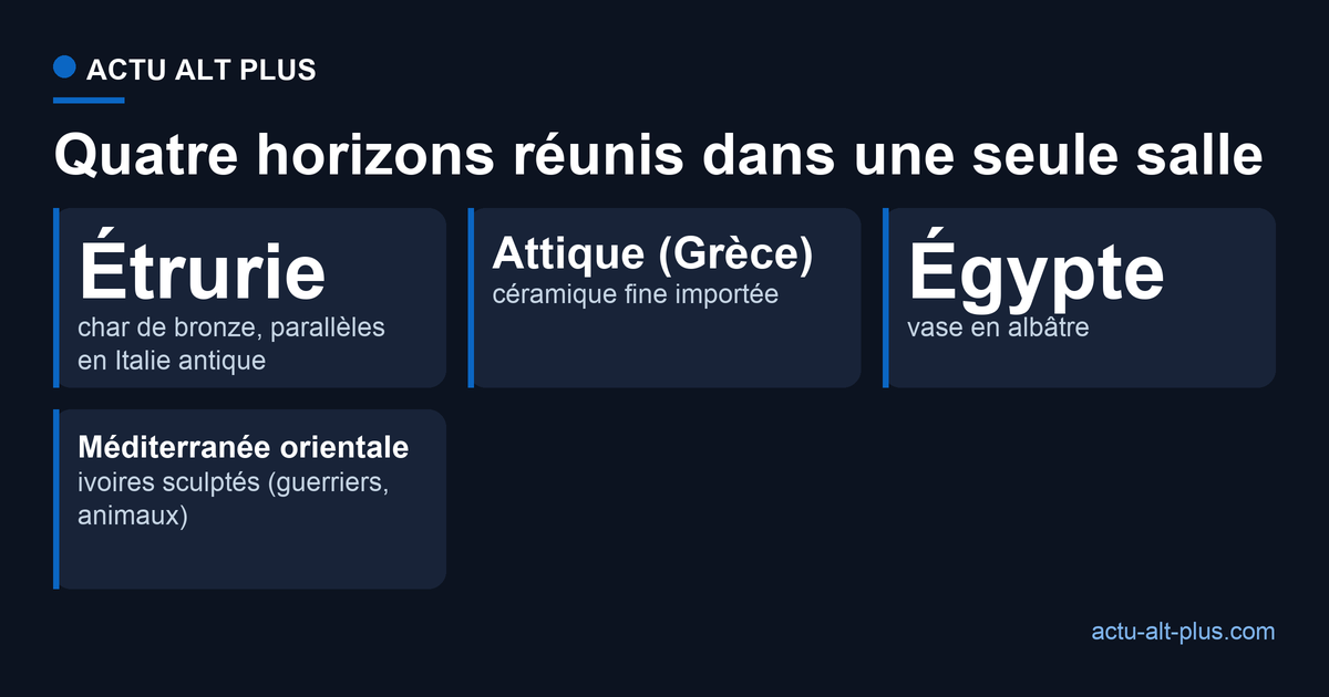 Quatre origines d'objets de luxe réunies dans le bâtiment de Casas del Turuñuelo : Étrurie pour le char, Attique pour la céramique, Égypte pour l'albâtre, Méditerranée orientale pour les ivoires
