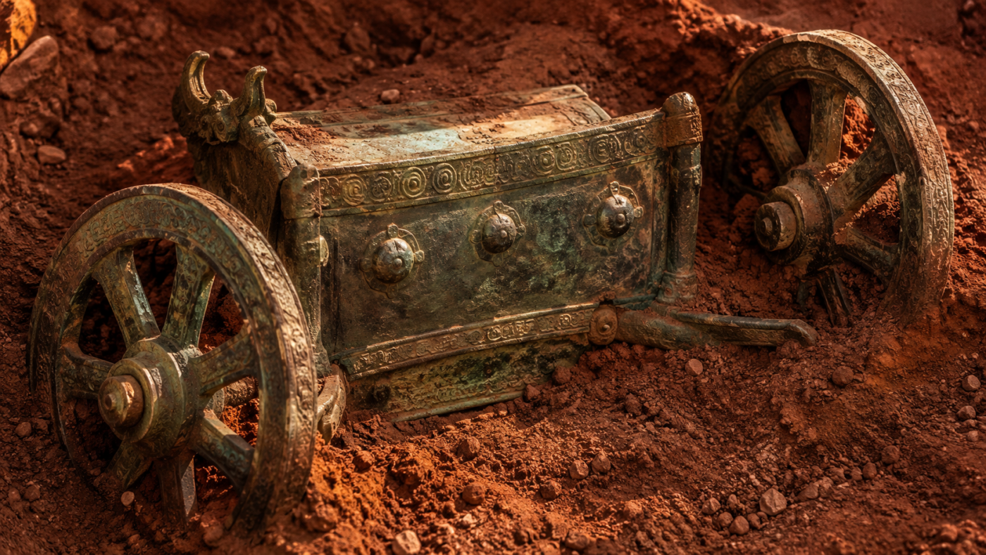 Fragment de char rituel en bronze antique, deux roues ornées, à demi dégagé de la terre rouge d'un chantier de fouille