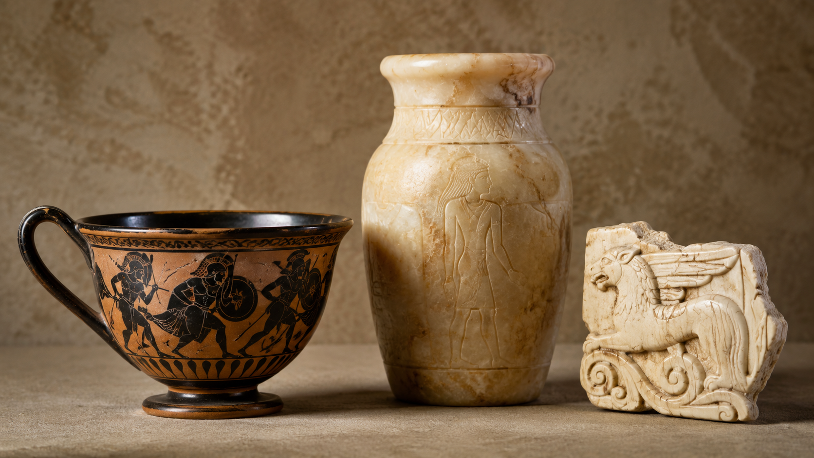 Objets de luxe antiques côte à côte : coupe de céramique grecque, vase d'albâtre égyptien, fragment d'ivoire sculpté