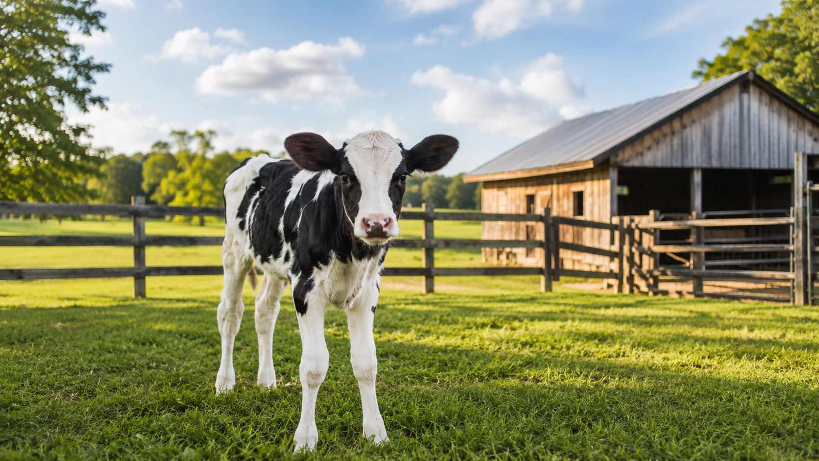 Petite ferme sanctuaire avec pâturage vert, clôture simple et grange sous un ciel bleu