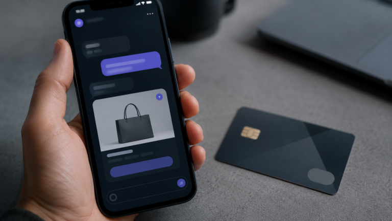 Main tenant un smartphone qui affiche une recommandation d'achat generee par une IA, une carte bancaire posee a cote