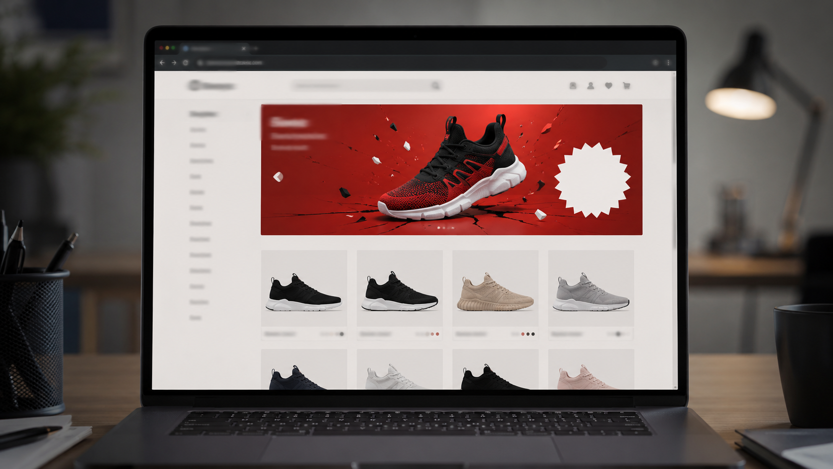 Ecran d'ordinateur affichant une fausse boutique en ligne avec une enorme banniere de remise et une adresse douteuse