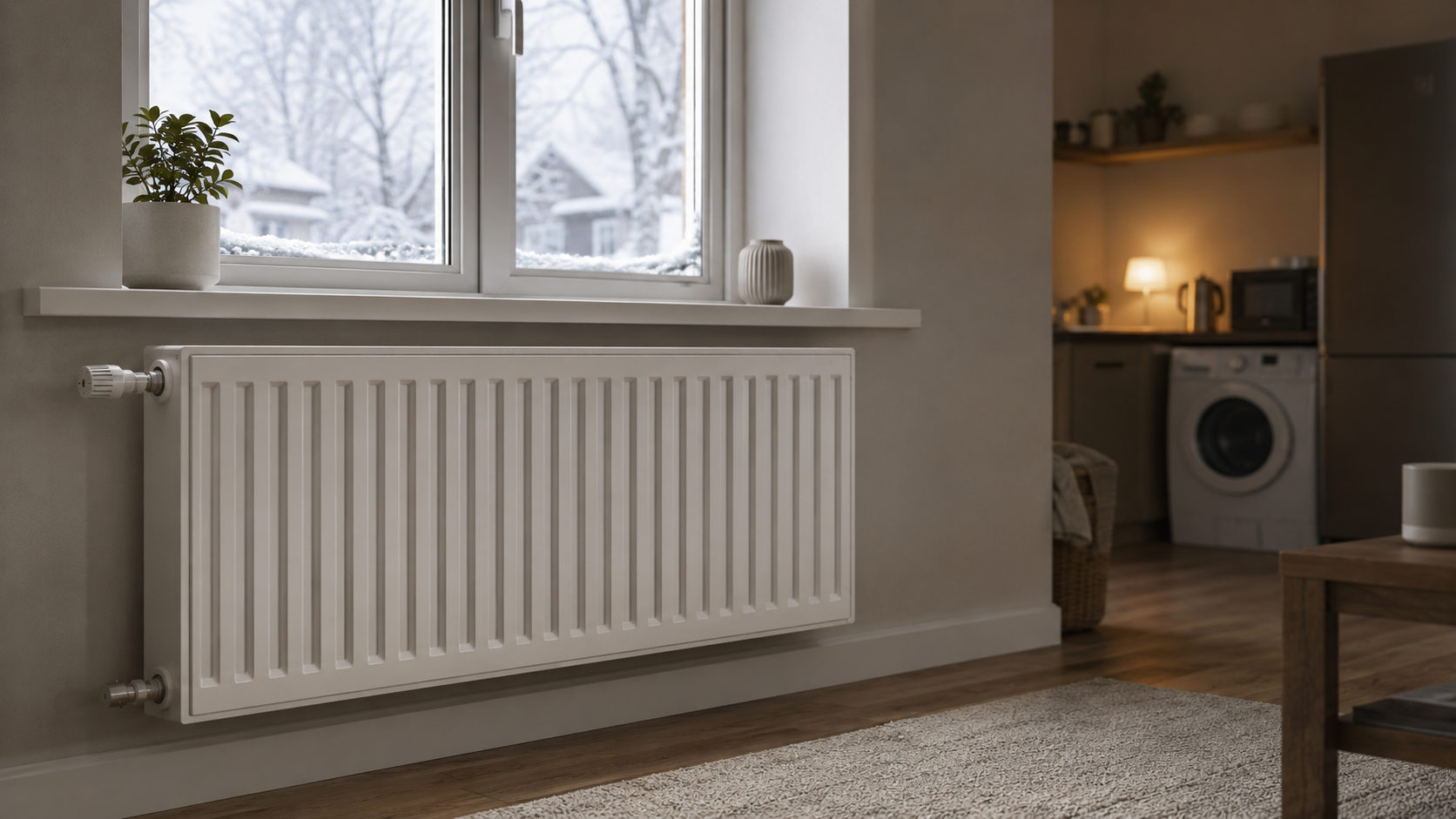 Un radiateur sous une fenêtre, des appareils ménagers en arrière-plan