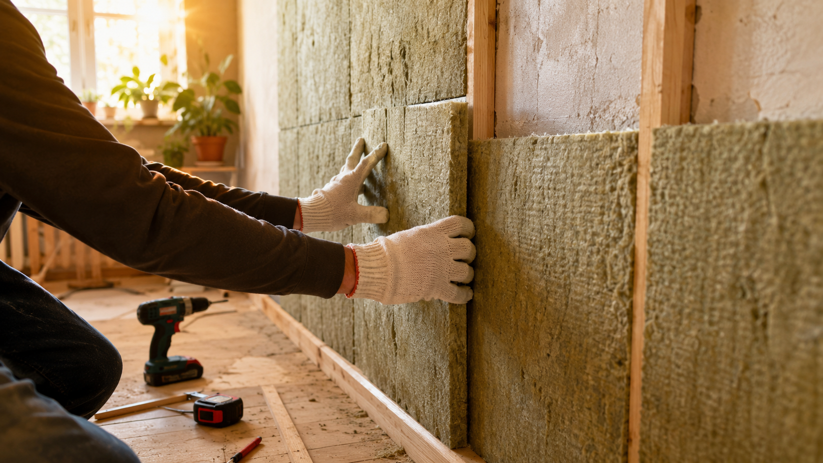 Pose de panneaux d'isolation thermique sur un mur intérieur en rénovation