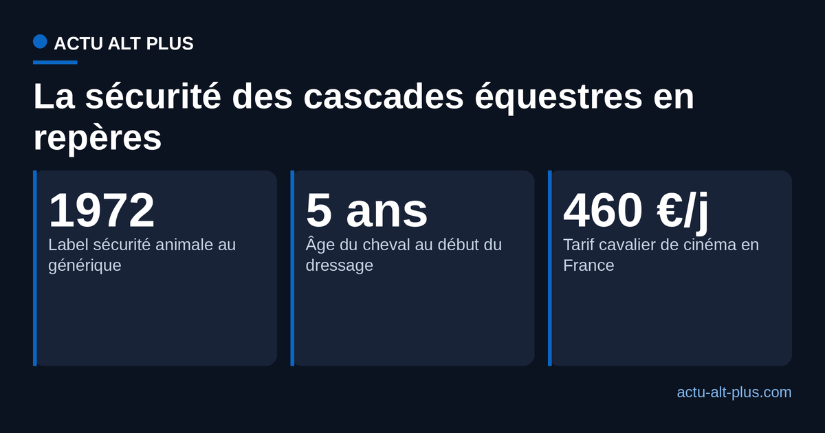 La sécurité des cascades équestres en trois repères : label de sécurité animale né en 1972, dressage du cheval vers 5 ans, cavalier de cinéma à partir de 460 euros la journée