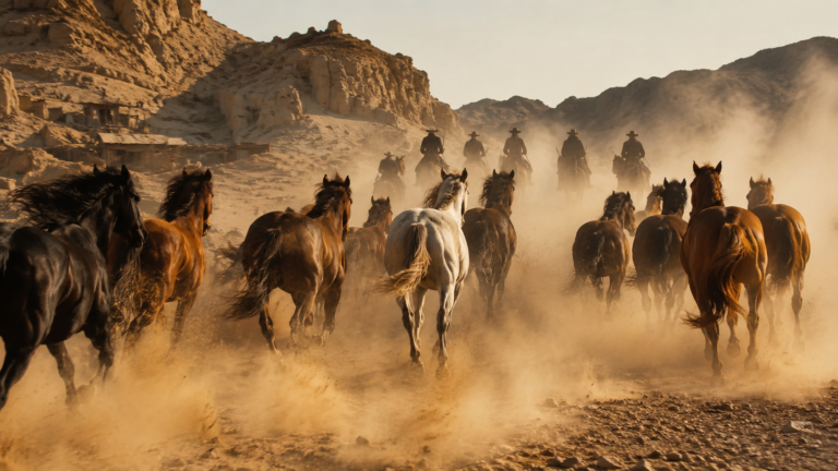 Des chevaux lancés au galop dans la poussière sur un plateau de tournage de western