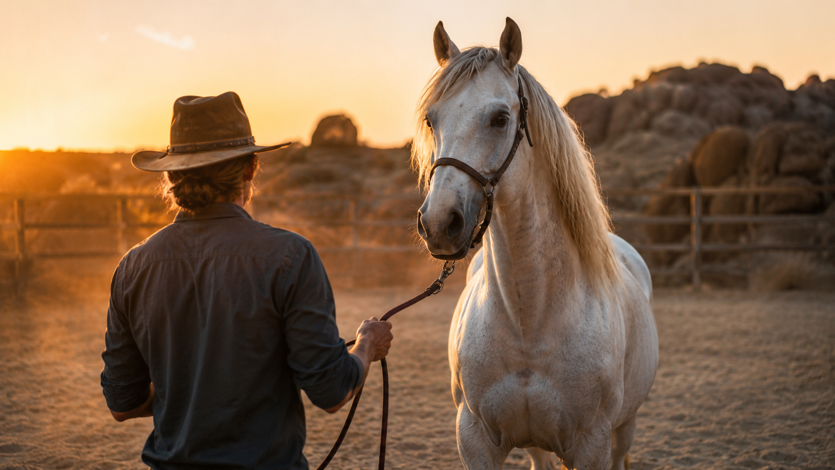 Un dresseur travaille un cheval de cinéma dans un paddock à la lumière dorée