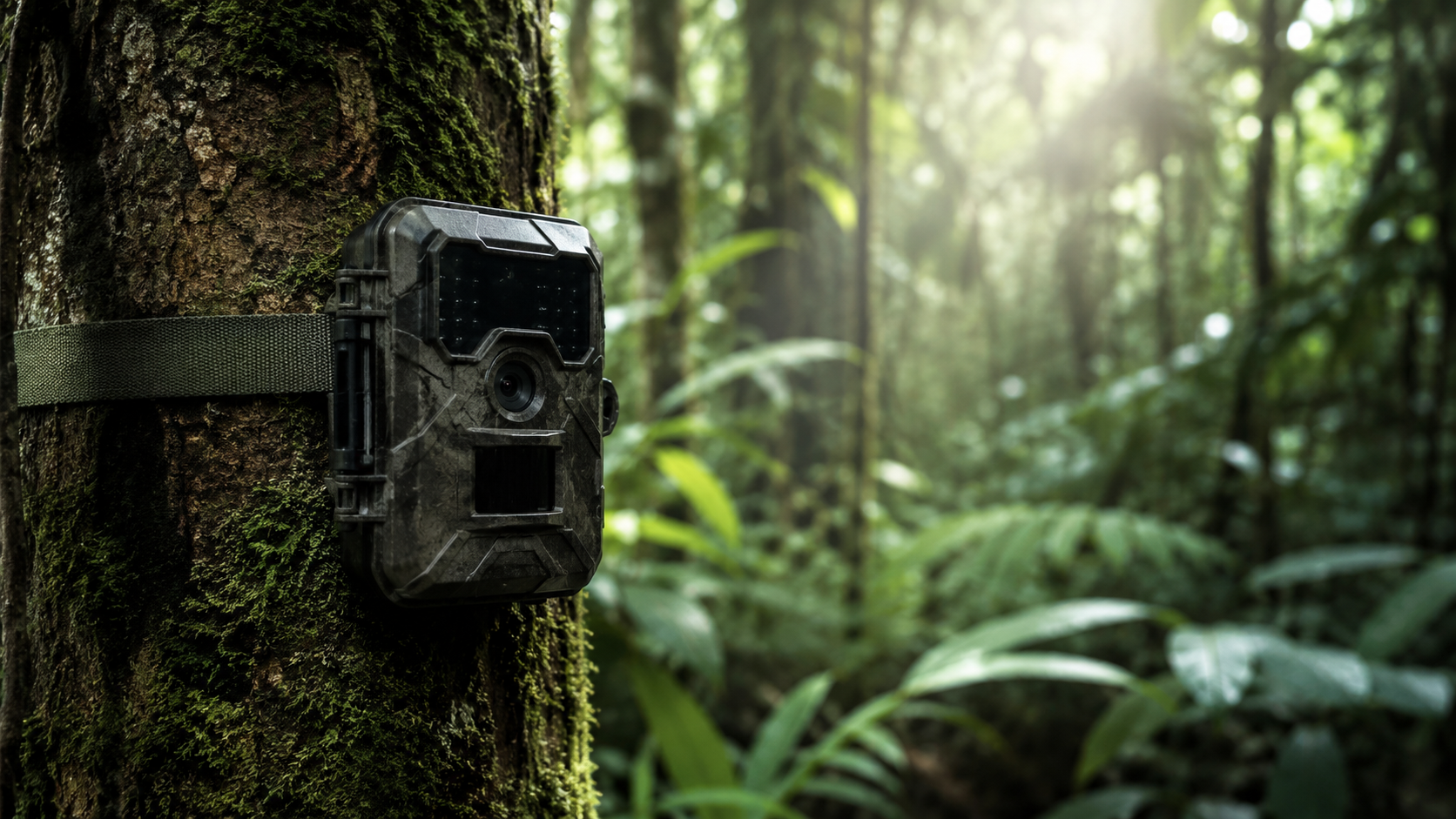 Piège photographique fixé à un tronc d'arbre dans une forêt amazonienne dense.