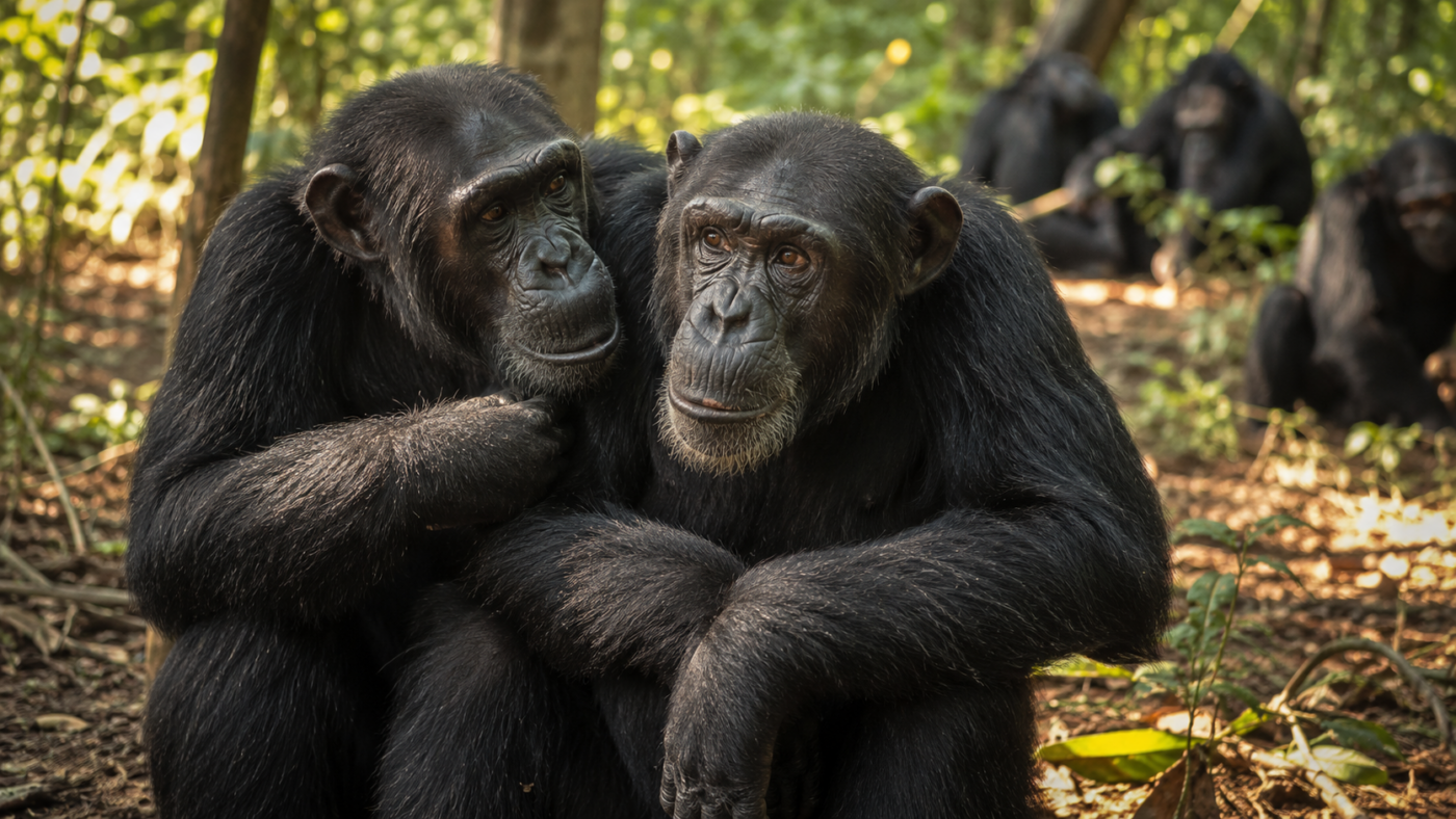 Deux chimpanzés dans un sous-bois avec un groupe flou en arrière-plan