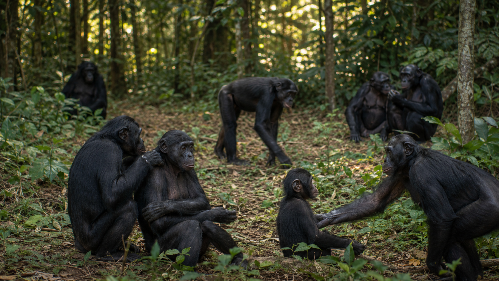 Groupe de bonobos dispersés dans une clairière forestière