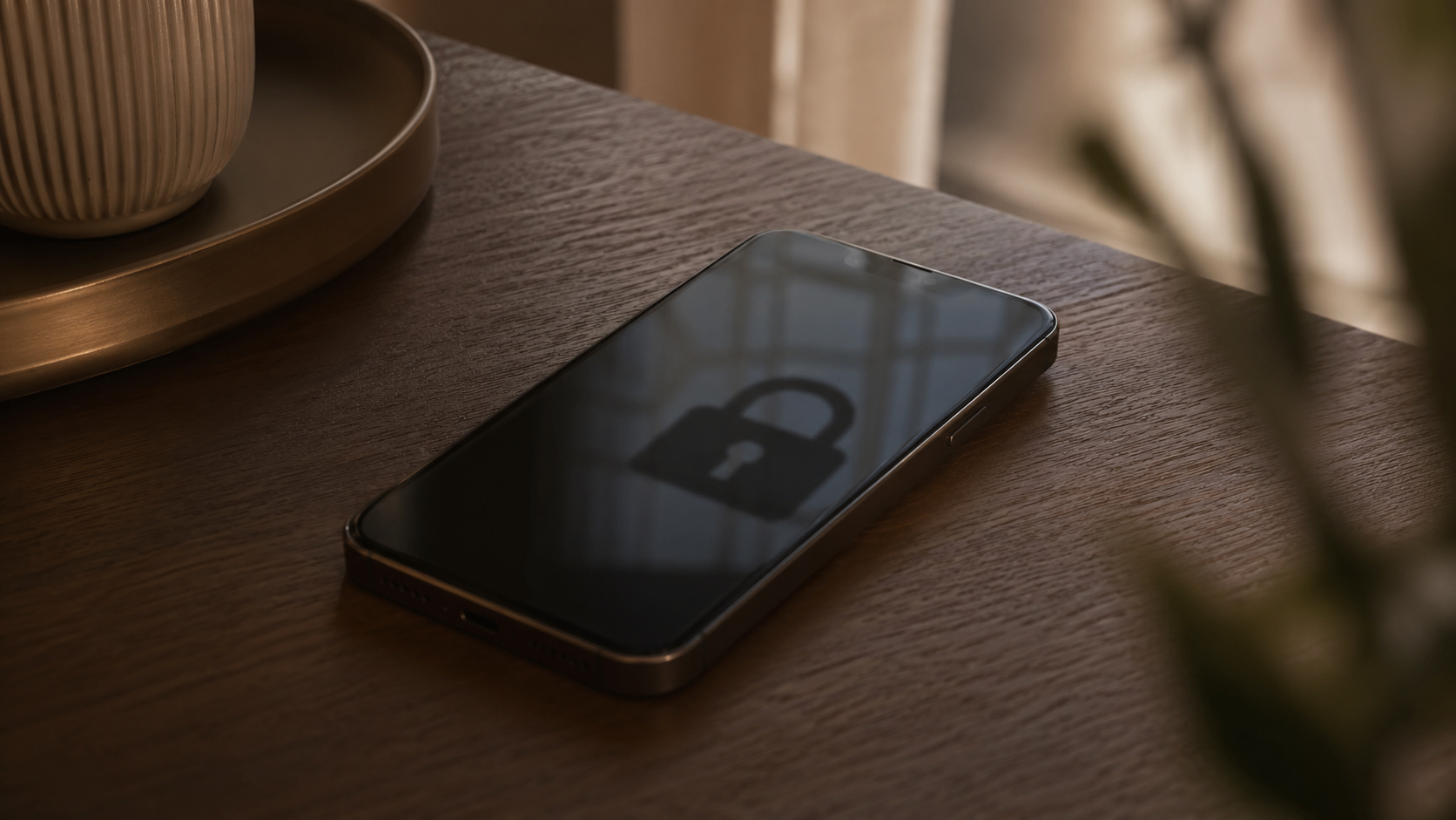 Smartphone posé sur une table avec un motif discret de cadenas en reflet sur l'écran