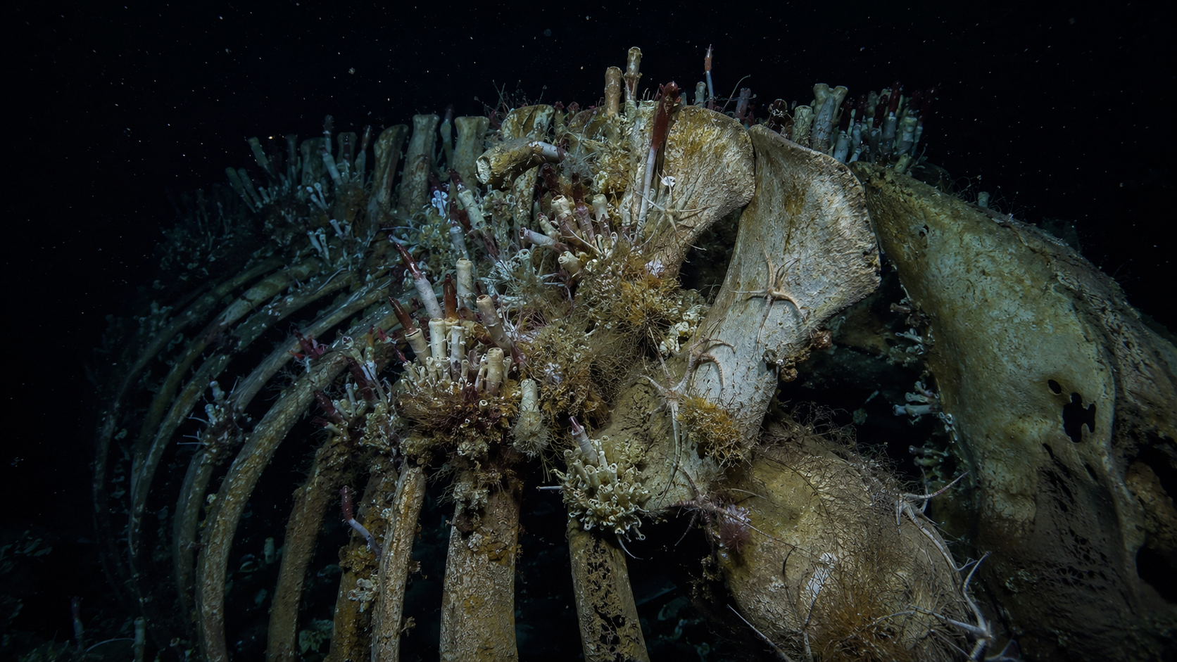 Squelette de baleine colonisé par des vers et des tapis bactériens au fond de l'océan