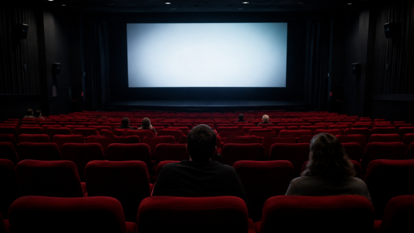Salle de cinema aux trois quarts vide, quelques spectateurs de dos face a l'ecran
