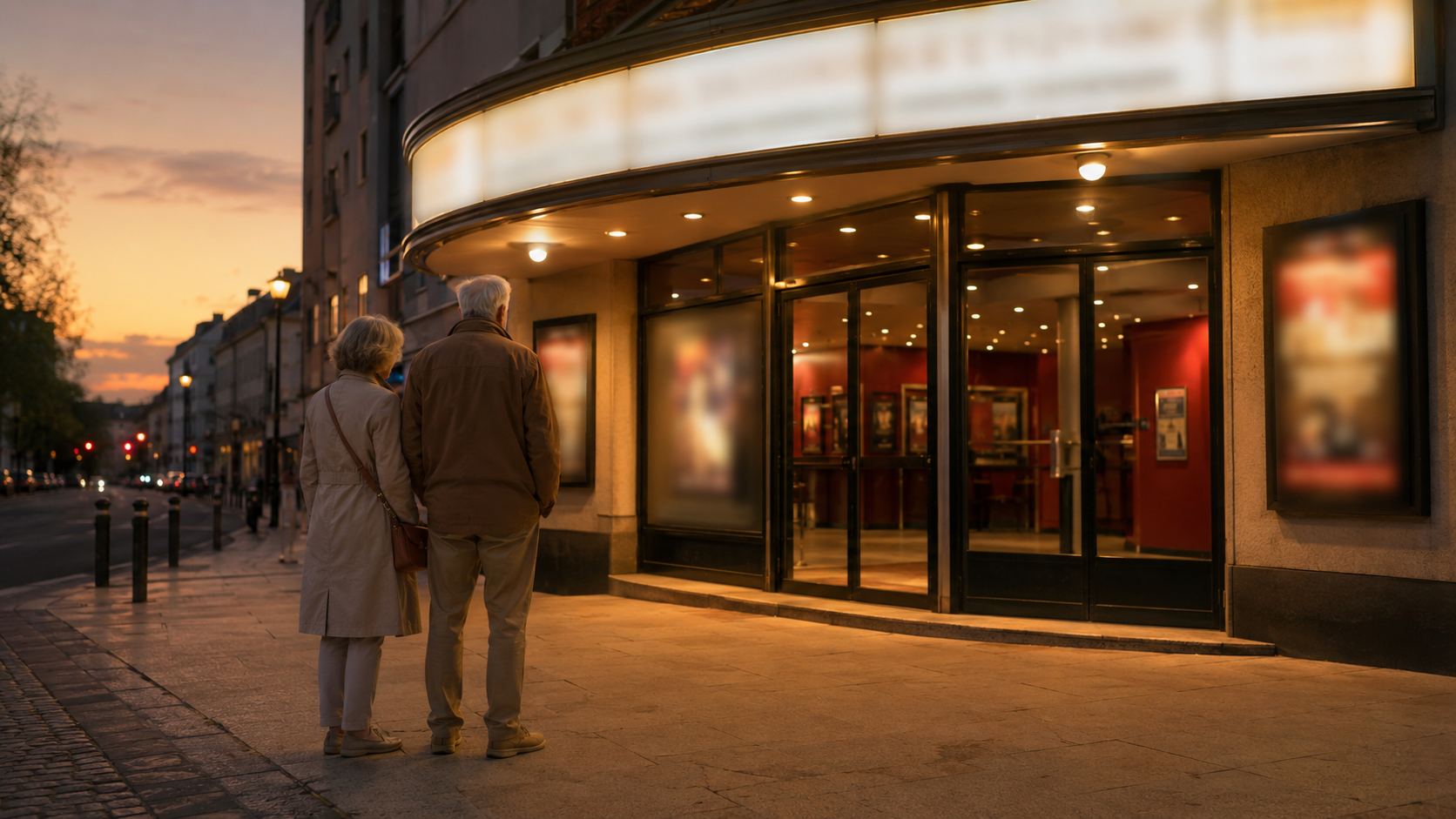 Couple de sexagenaires devant un petit cinema de quartier au crepuscule