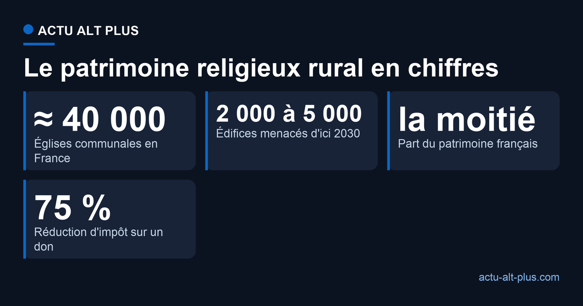 Trois chiffres clés sur le patrimoine religieux rural en France : 40 000 églises communales, 2 000 à 5 000 menacées d'ici 2030, la moitié du patrimoine français.