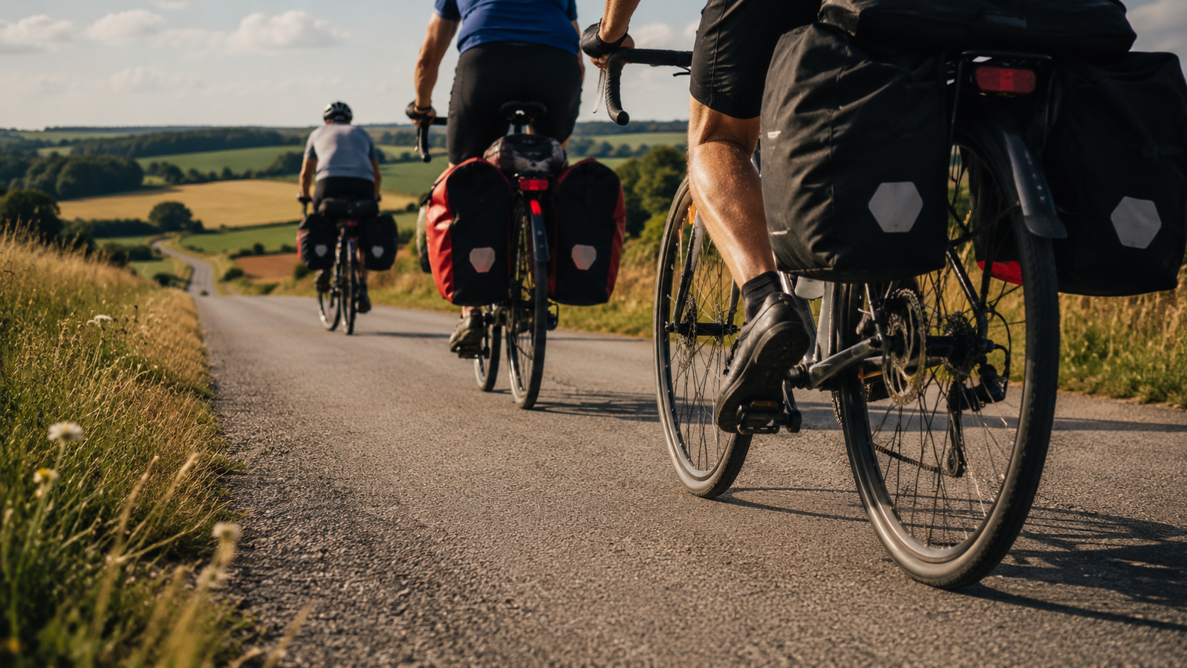 Roues de velo et sacoches sur une petite route de campagne traversant des champs en ete