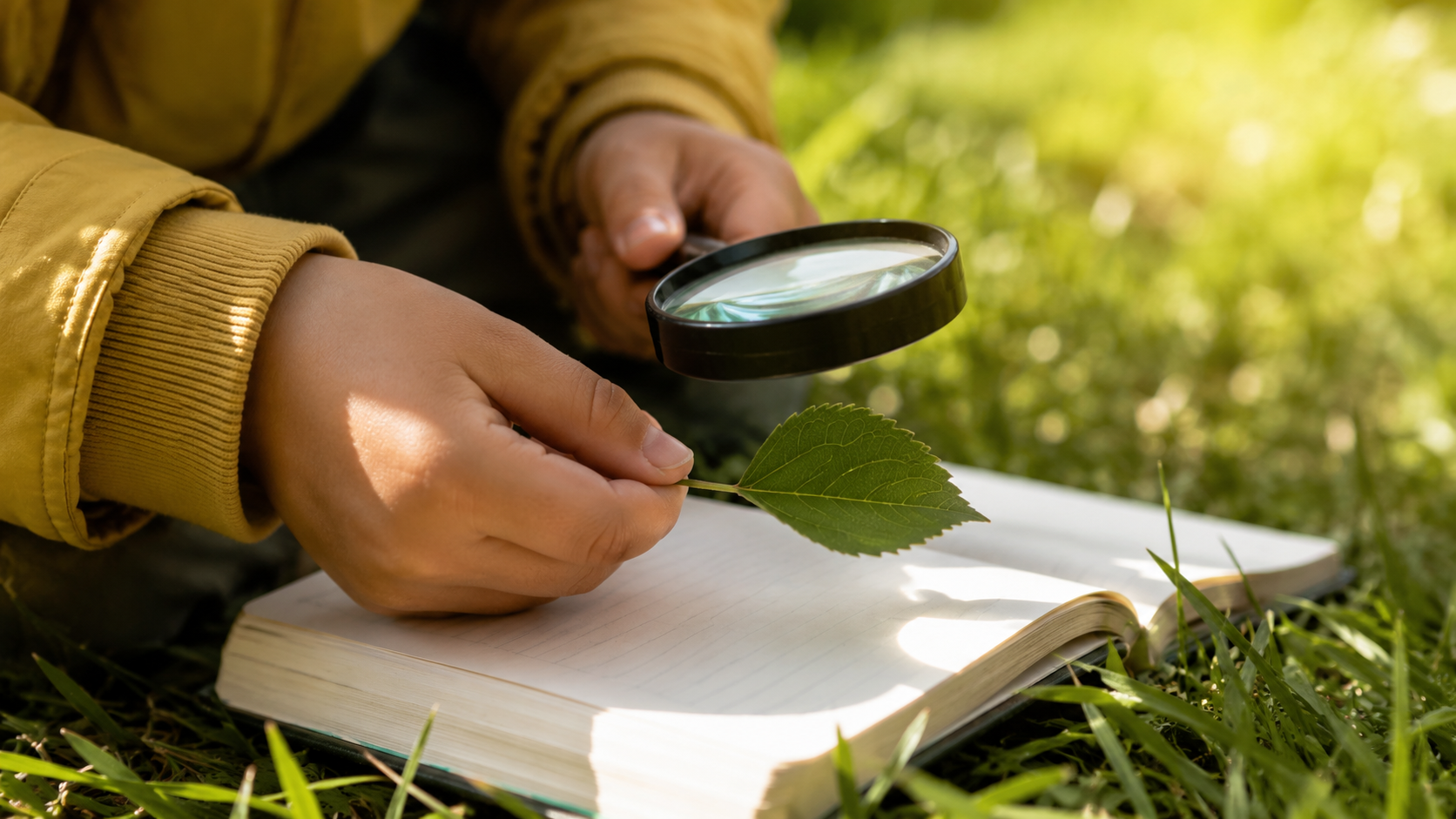 de petites mains d'enfant tiennent une feuille d'arbre et une loupe au-dessus d'un carnet, herbe en fond