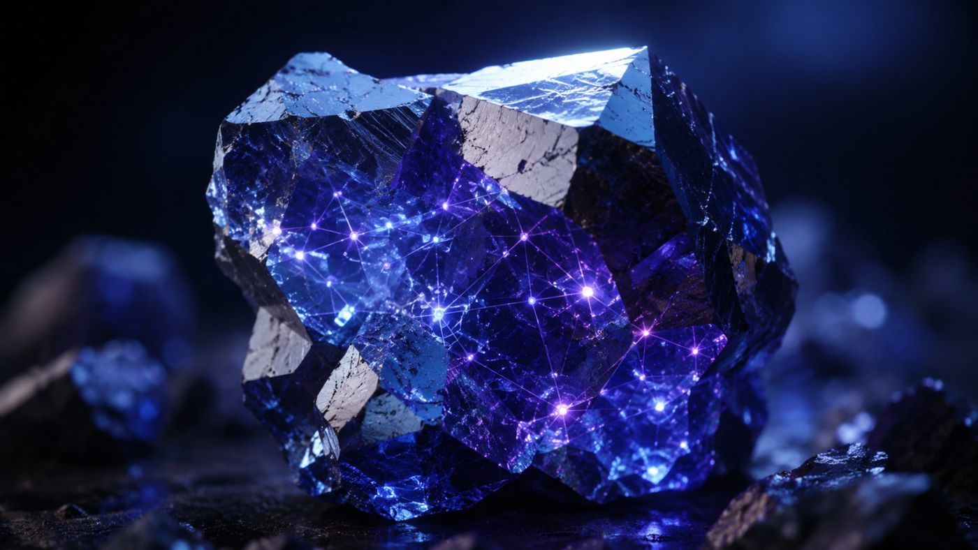 Cristal de cobalt avec visualisation 3D des lignes nodales quantiques qui parcourent sa structure electronique interne