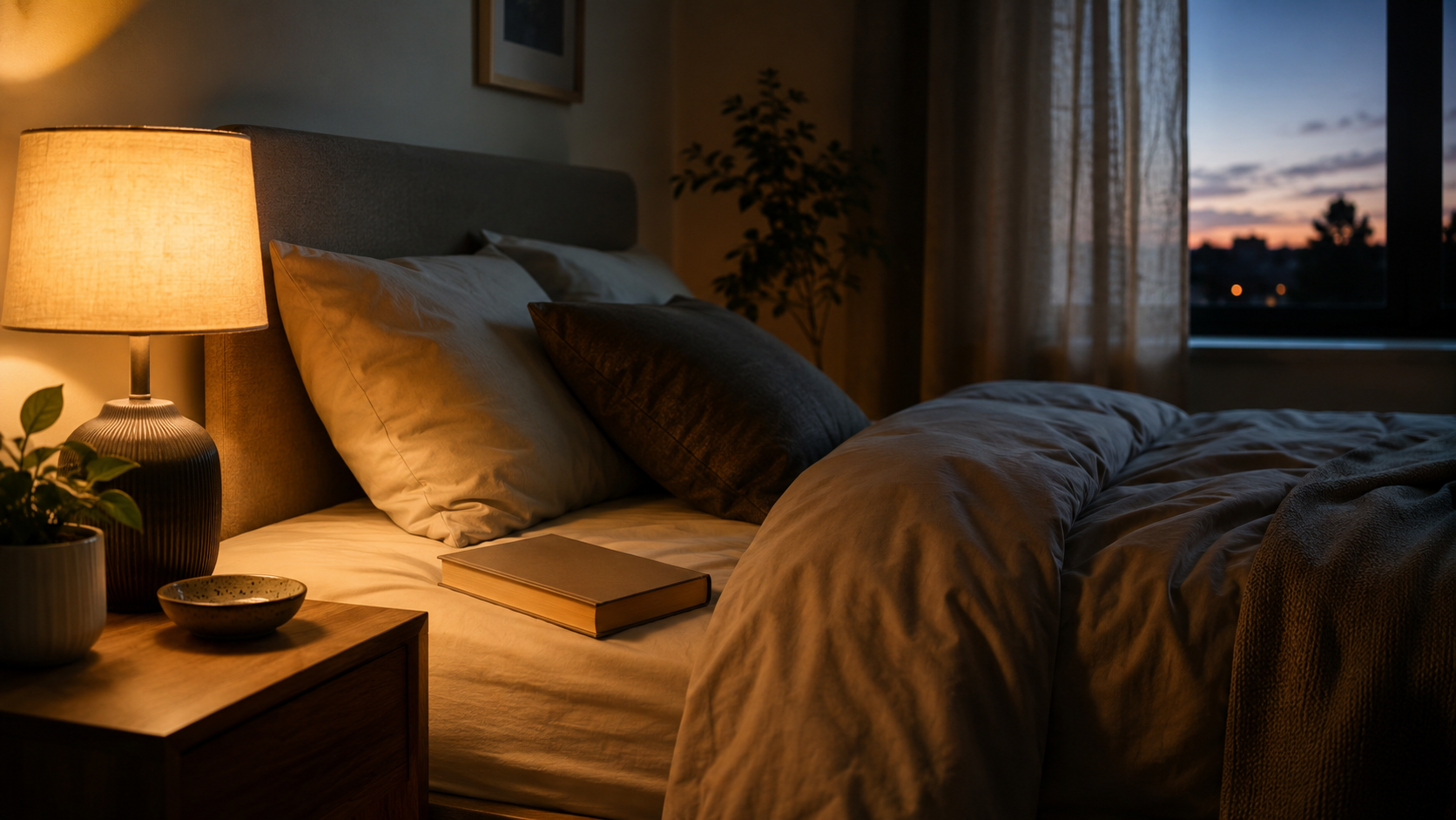Chambre calme au crépuscule avec un livre posé sur le lit
