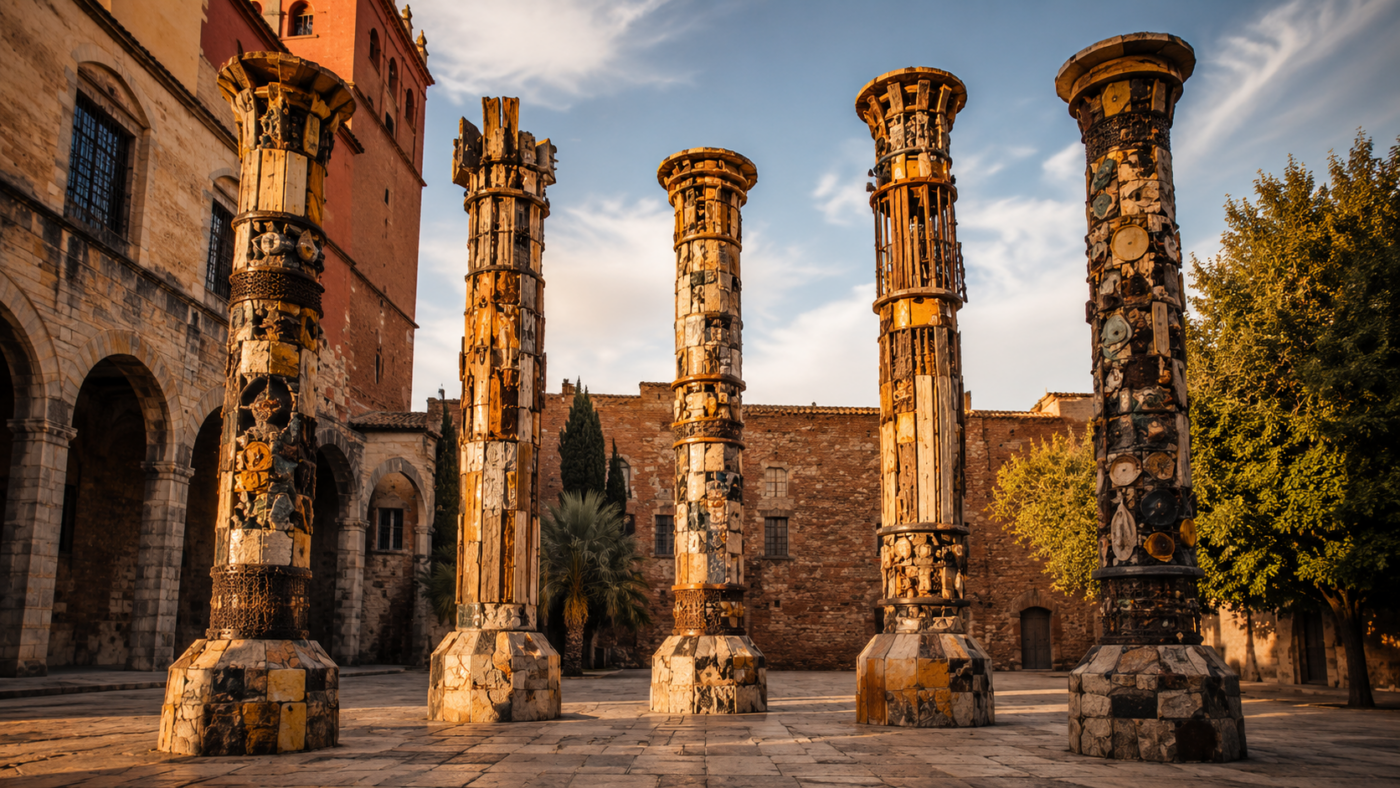 Cinq colonnes monumentales faites de matériaux récupérés dans la cour de la Casa Musicale, Perpignan