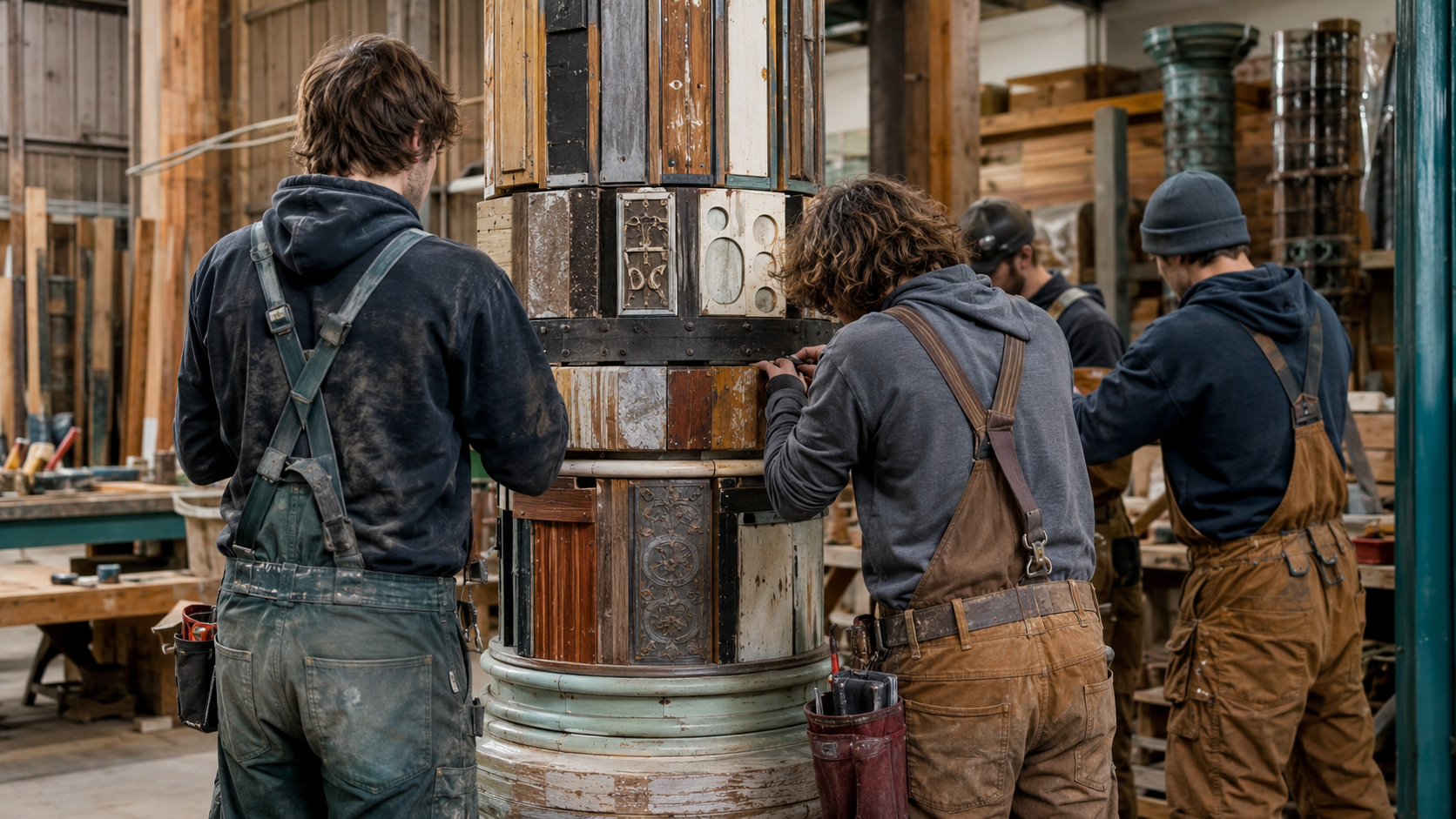 Apprentis du BTP assemblant une colonne artistique à partir de matériaux récupérés