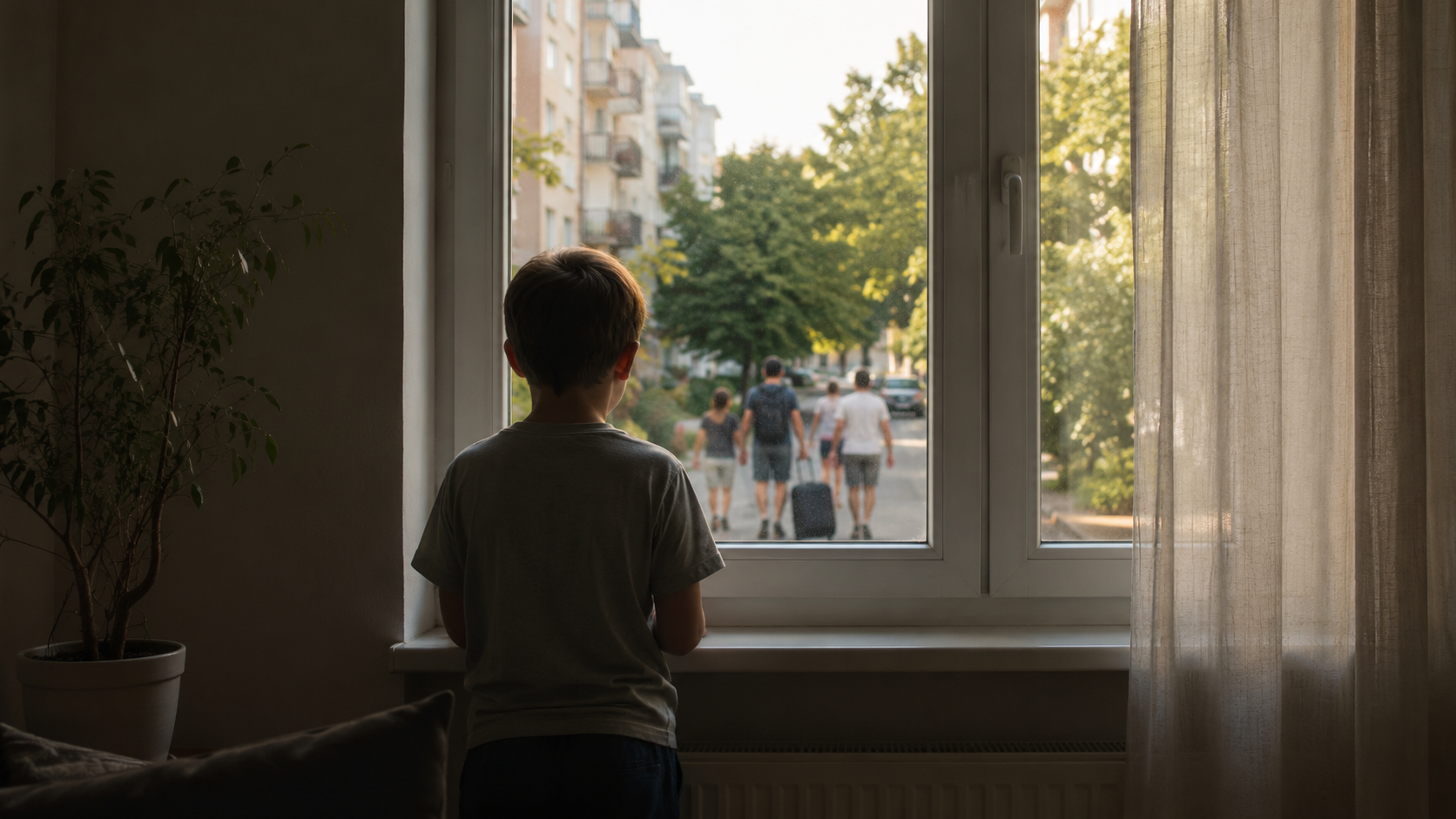 Enfant de dos regardant par la fenêtre d'un appartement une rue d'été