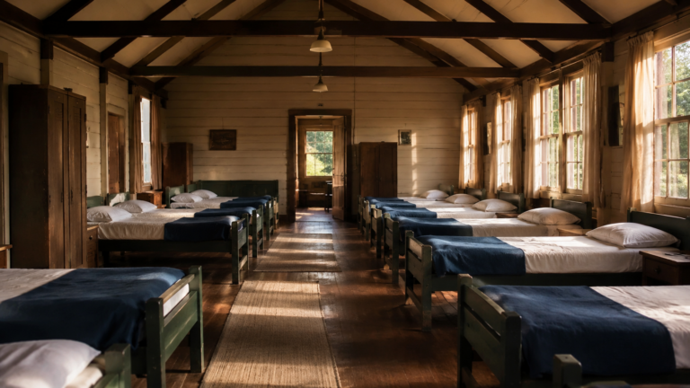Un dortoir de colonie de vacances vide, lits faits alignes dans la lumiere du matin
