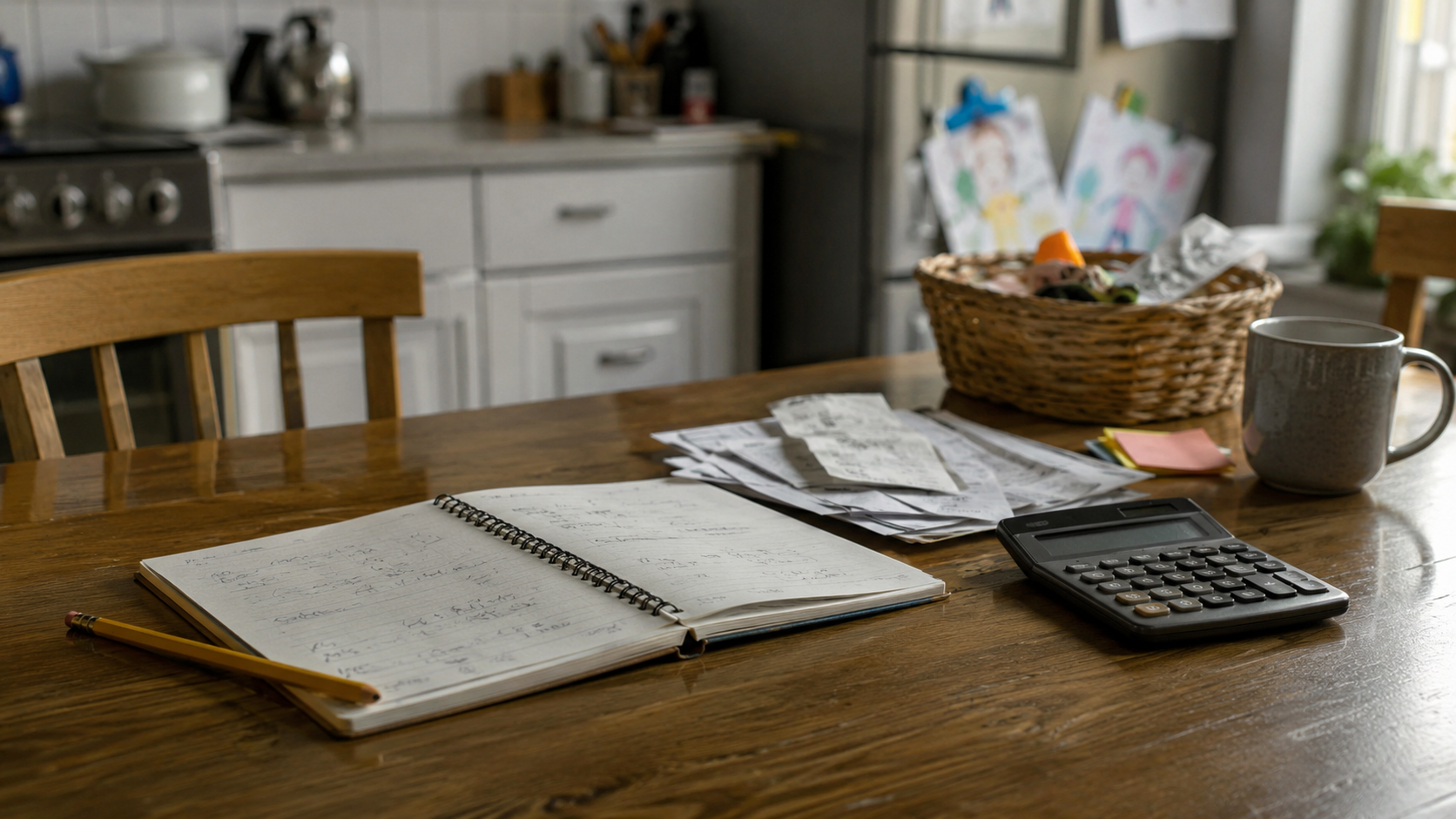 Une table de cuisine familiale avec un carnet de comptes et une calculatrice, lumiere du jour