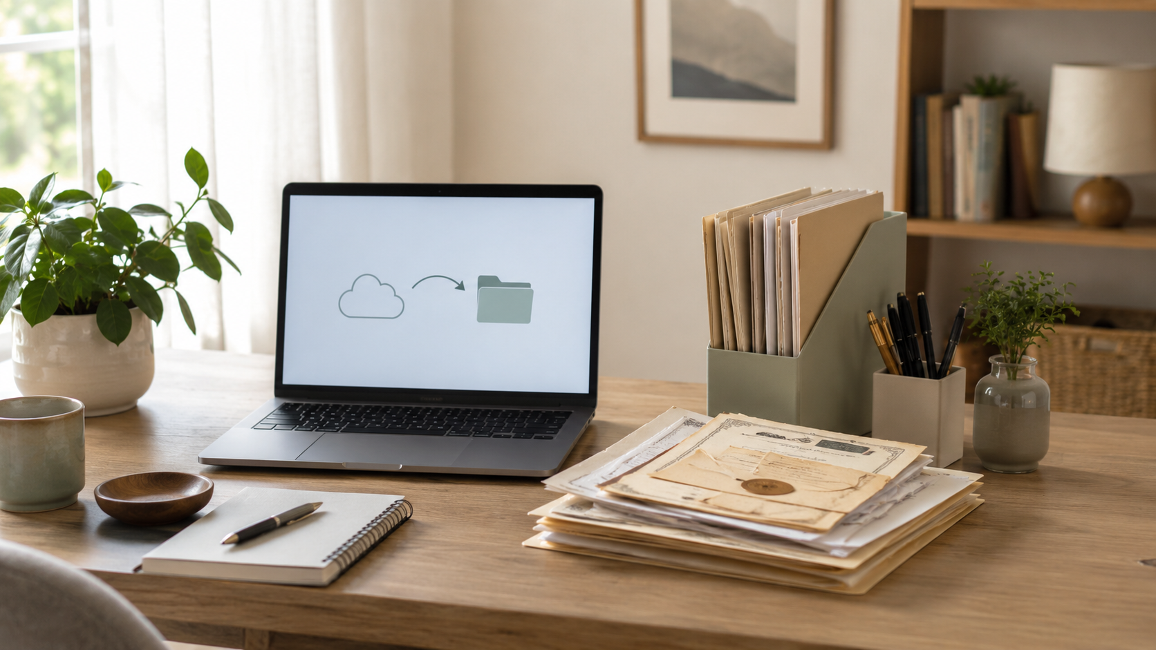 Un coin bureau rangé avec un ordinateur portable et une pile de documents papier originaux.