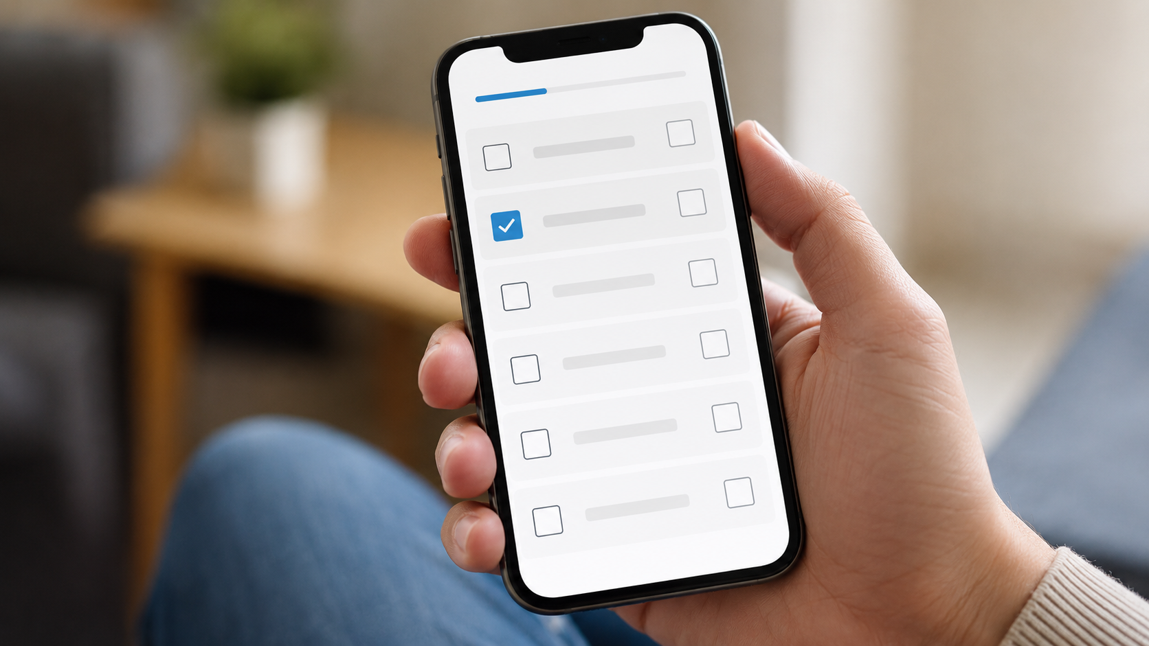 Une main coche des cases sur l'interface d'un test de vocabulaire sur smartphone