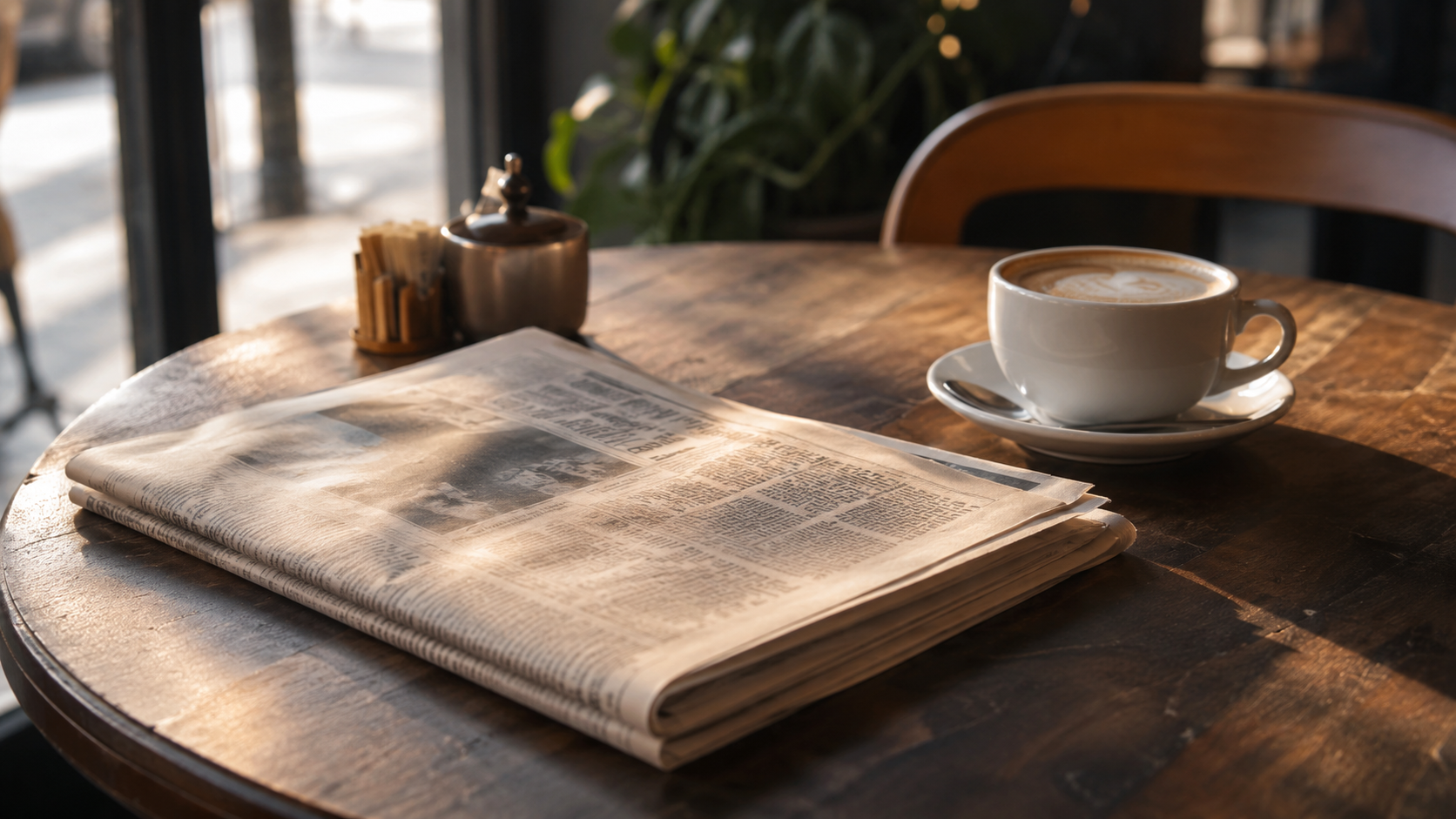Un journal en anglais plié sur une table de café à côté d'une tasse, lumière du matin