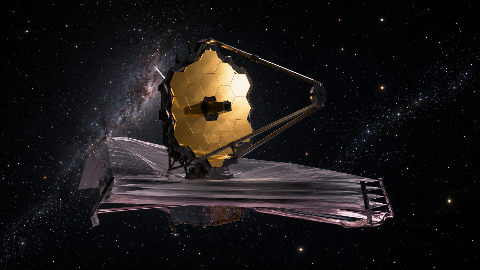 Un télescope spatial à miroir segmenté doré dans l'obscurité de l'espace