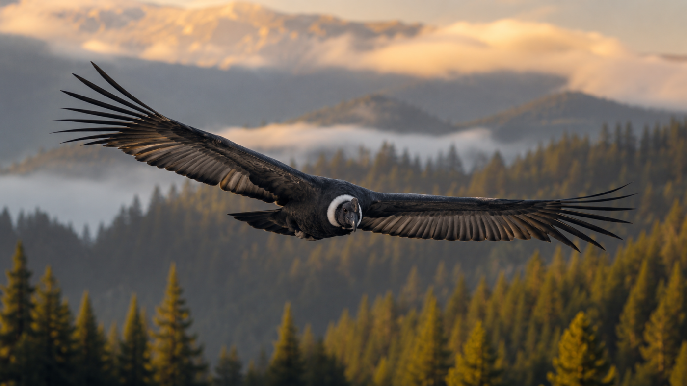 Un condor de Californie en vol au-dessus d'une forêt de conifères à l'aube