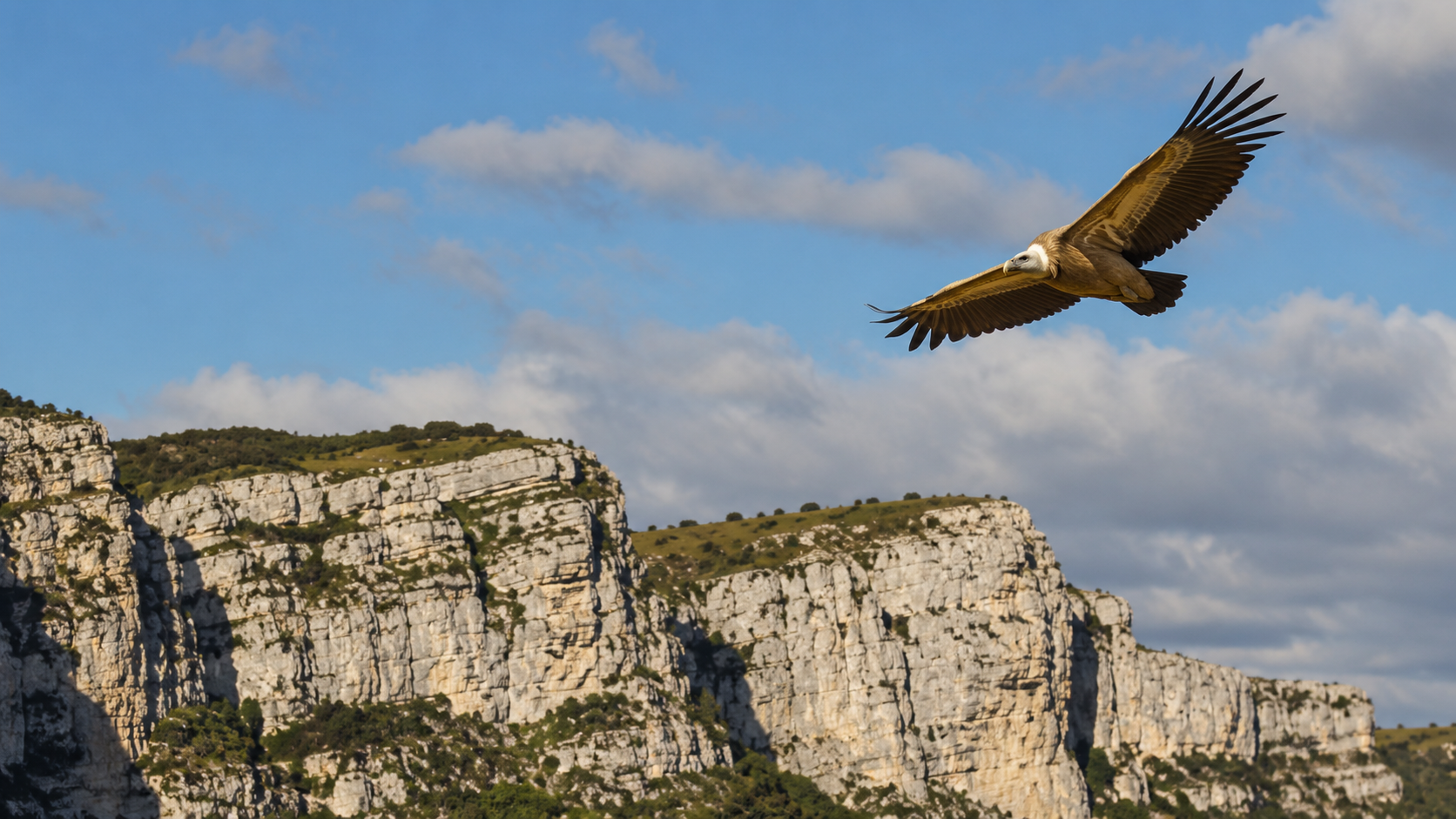Un vautour fauve planant au-dessus des falaises calcaires des Grands Causses