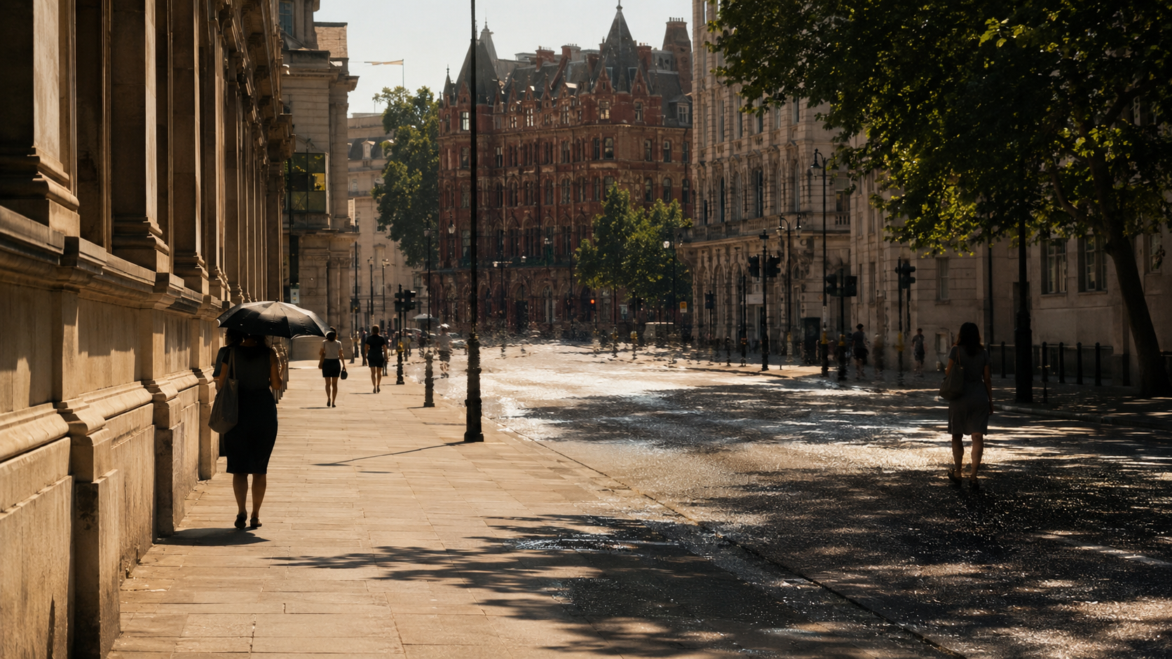 Une rue de Londres écrasée par la chaleur, l'air ondulant au-dessus du bitume