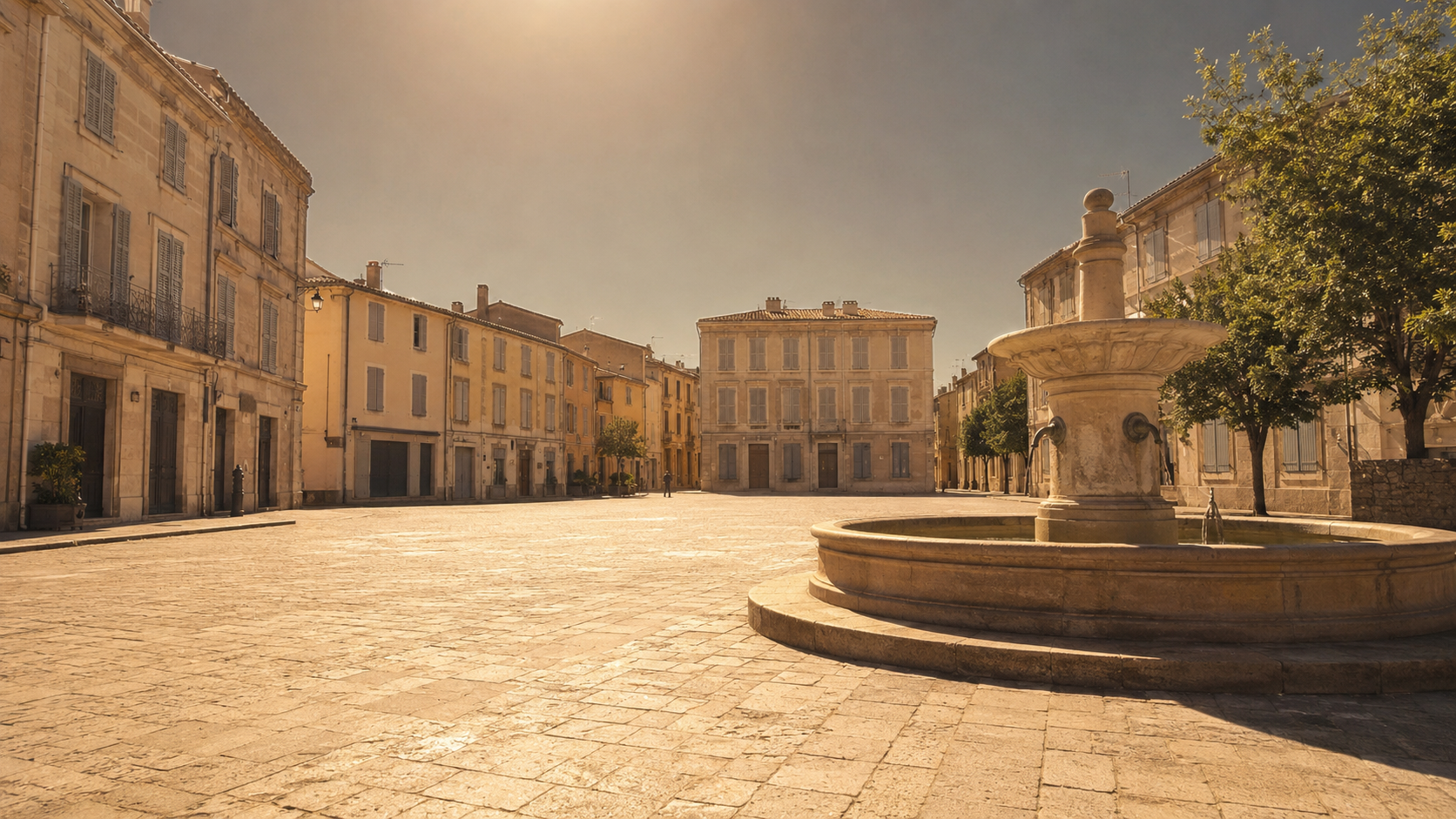 Une place de ville française aux volets fermés et aux rues désertes pendant une alerte canicule